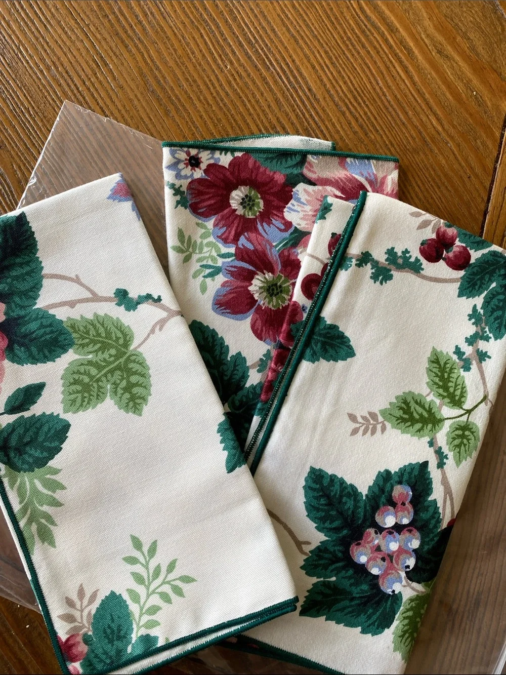Waverly Cream Floral Cotton Napkins with Green Leaves and Berry Flowers